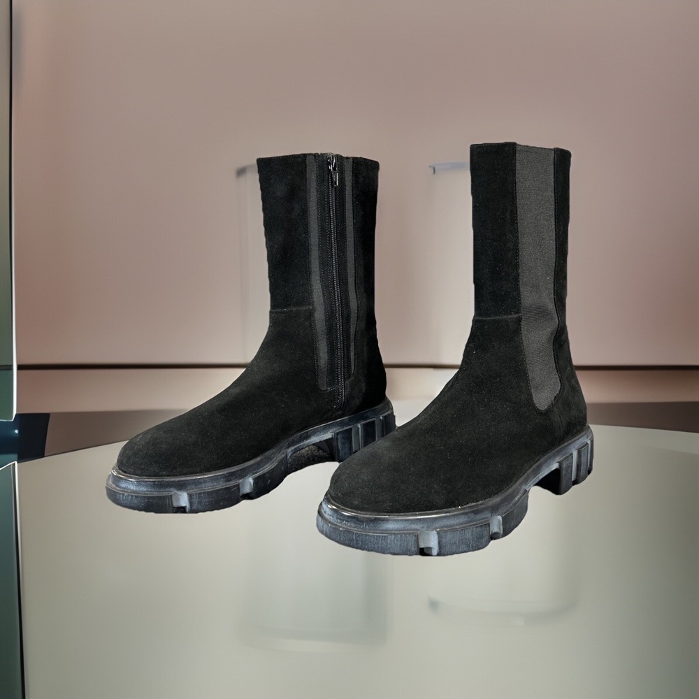 Free People Brooks Chelsea Boots Black Suede Lug Sole Mid Calf US 9-9.5 EU 40